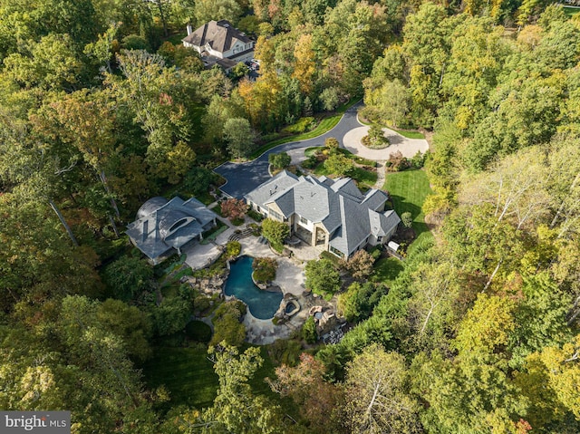 bird's eye view with a wooded view