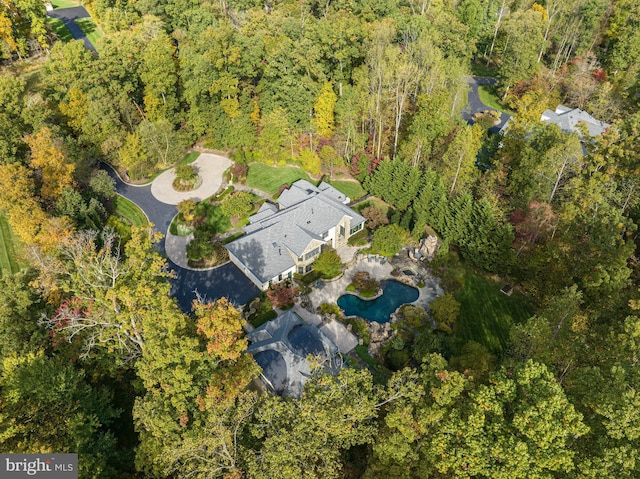 birds eye view of property featuring a view of trees