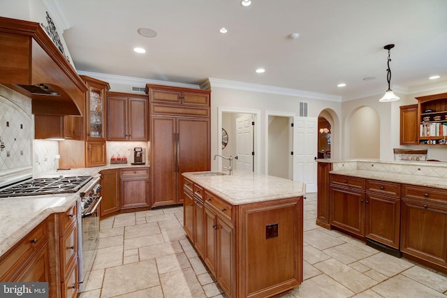 kitchen featuring brown cabinets, crown molding, open shelves, stainless steel stove, and custom range hood