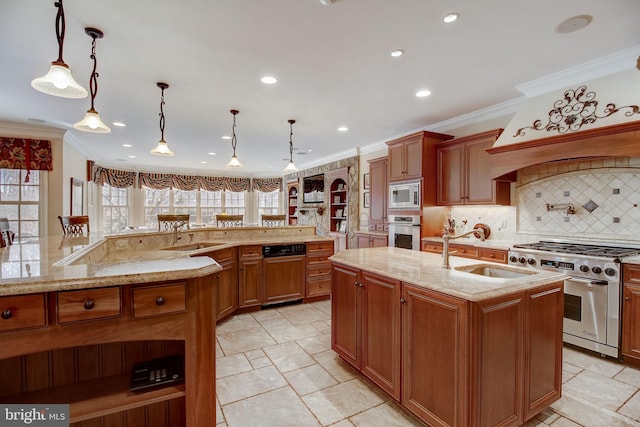 kitchen featuring stainless steel appliances, a large island with sink, a sink, and ornamental molding