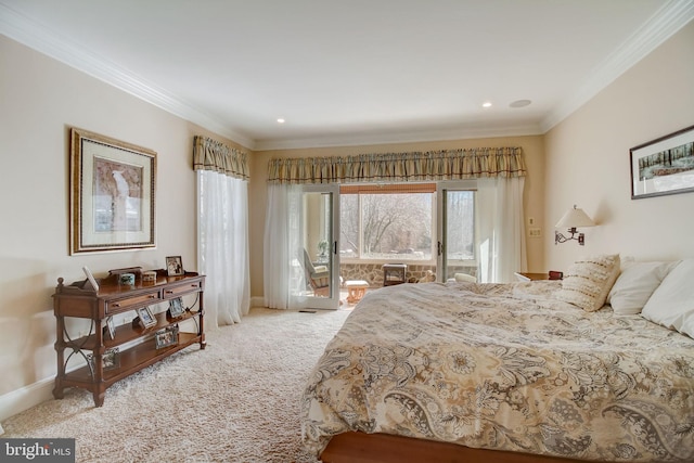 bedroom featuring access to exterior, baseboards, crown molding, and carpet flooring