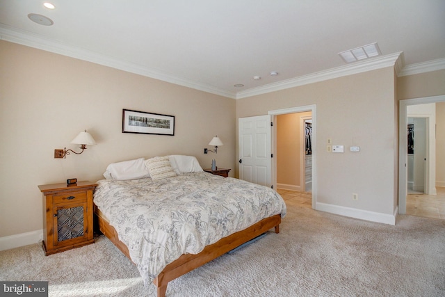 bedroom featuring baseboards, visible vents, ornamental molding, and light colored carpet