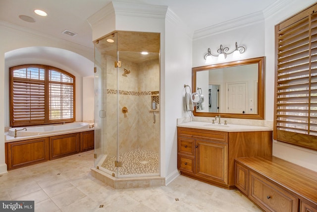 full bath with ornamental molding, a stall shower, visible vents, and a garden tub