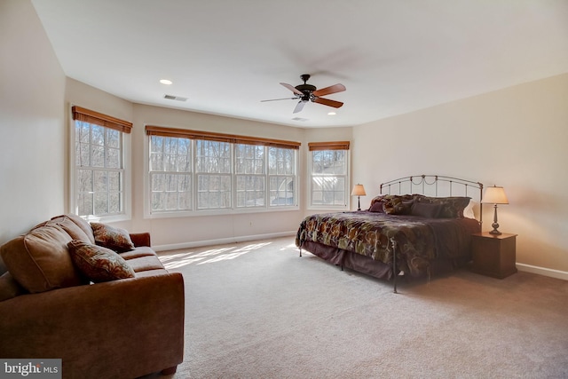 bedroom featuring carpet, visible vents, baseboards, and recessed lighting