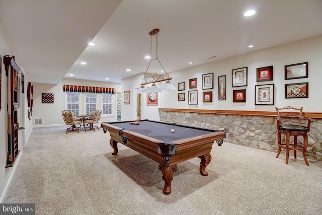 recreation room with carpet floors, pool table, visible vents, and recessed lighting