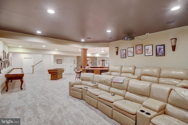 home theater room with recessed lighting, billiards, and light colored carpet