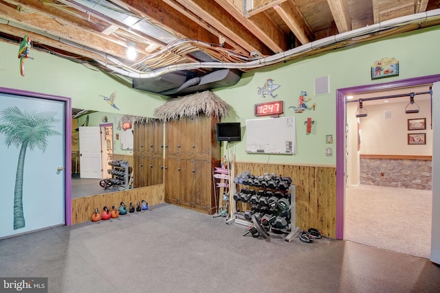 unfinished below grade area featuring wood walls and wainscoting