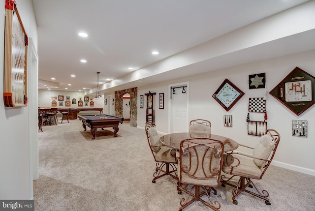 game room featuring baseboards, carpet floors, pool table, and recessed lighting