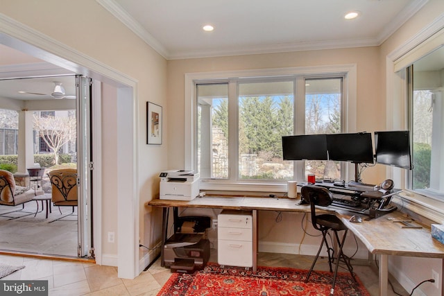 home office with light tile patterned floors, baseboards, and crown molding