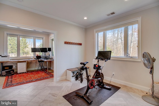 exercise room with ornamental molding, recessed lighting, visible vents, and baseboards