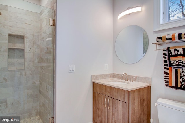 full bathroom with toilet, a shower stall, and vanity