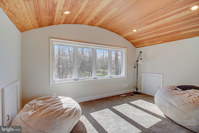 bedroom with lofted ceiling, wood ceiling, baseboards, and recessed lighting