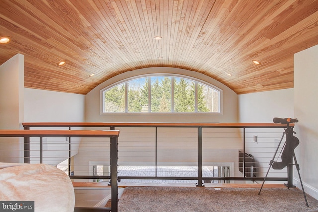 bedroom with lofted ceiling, wooden ceiling, multiple windows, and recessed lighting