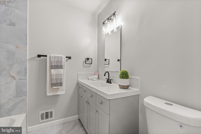 full bathroom with baseboards, visible vents, toilet, marble finish floor, and vanity