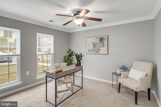 office with baseboards, ornamental molding, visible vents, and light colored carpet