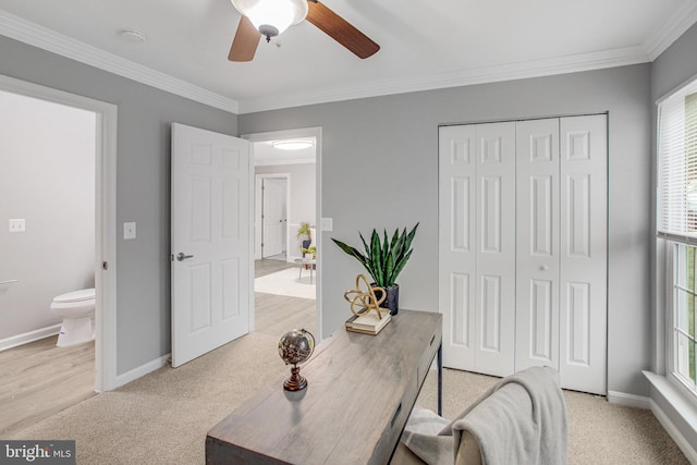 office space with light colored carpet, crown molding, baseboards, and ceiling fan