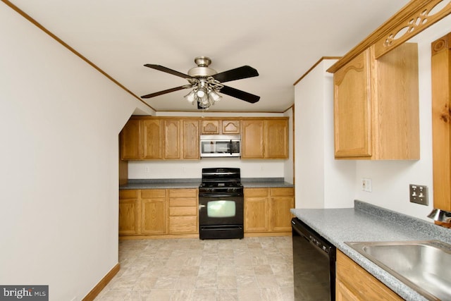 kitchen featuring ceiling fan, black appliances, a sink, and crown molding