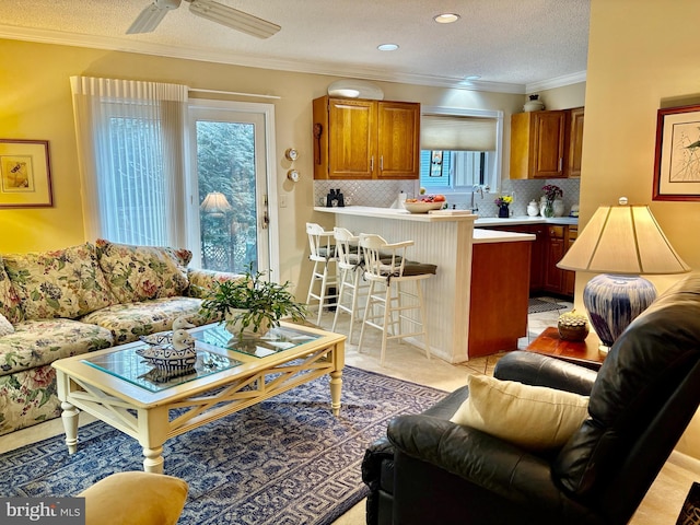 living room with ceiling fan, ornamental molding, and a textured ceiling