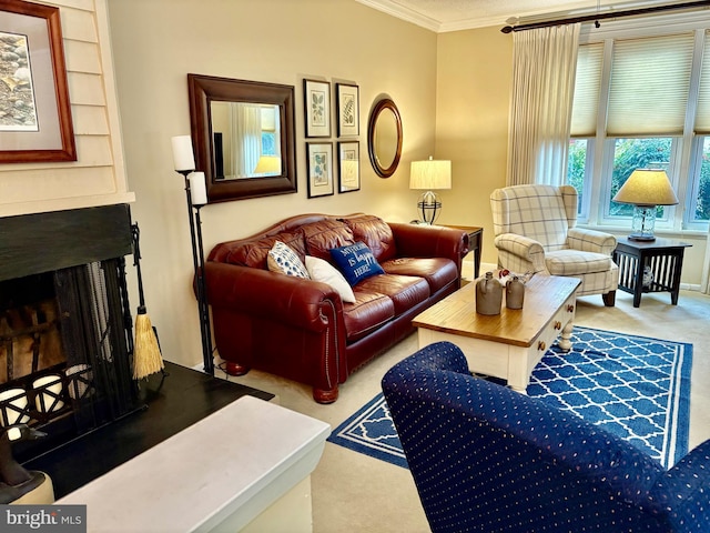 carpeted living room with a fireplace with raised hearth and crown molding