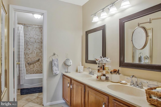 bathroom featuring tile patterned flooring, a sink, shower / tub combo, and double vanity