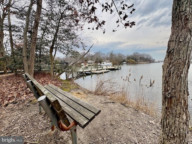 surrounding community with a boat dock and a water view