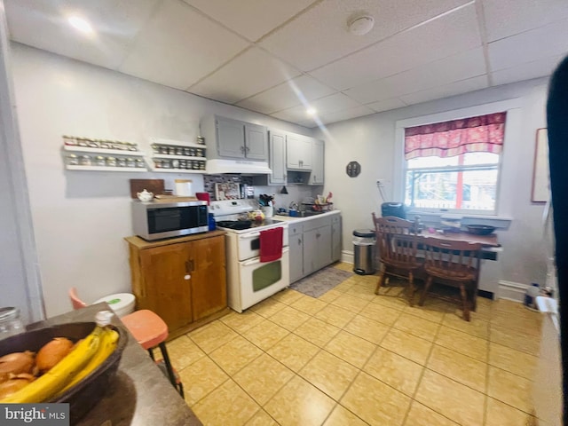 kitchen featuring a paneled ceiling, under cabinet range hood, stainless steel microwave, and range with two ovens