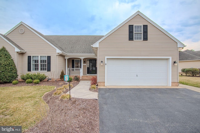 view of front of property featuring aphalt driveway, a front lawn, a porch, and a shingled roof