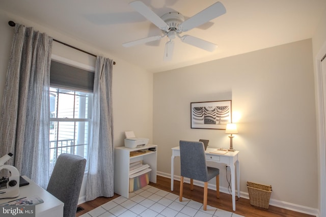 office space featuring ceiling fan, light wood-style flooring, and baseboards