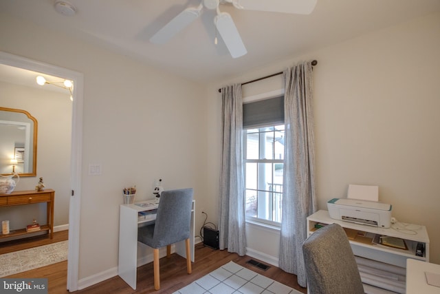 office space featuring ceiling fan, wood finished floors, visible vents, and baseboards