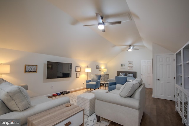 living area featuring lofted ceiling, ceiling fan, and wood finished floors