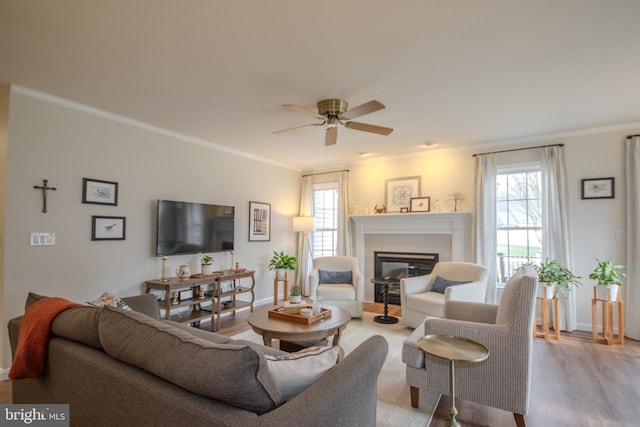 living area with crown molding, a glass covered fireplace, light wood-style flooring, and a healthy amount of sunlight