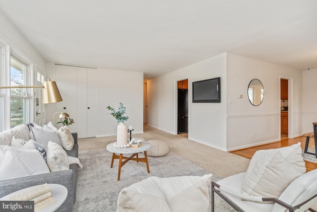 living room with light colored carpet and baseboards