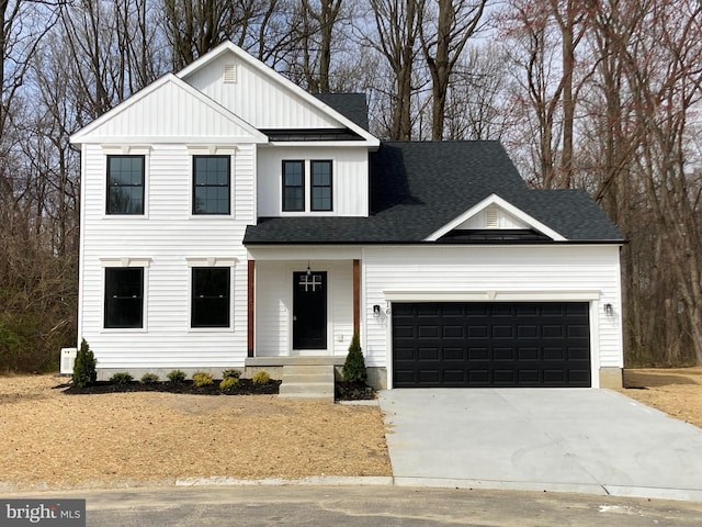 modern farmhouse with a garage, roof with shingles, board and batten siding, and concrete driveway