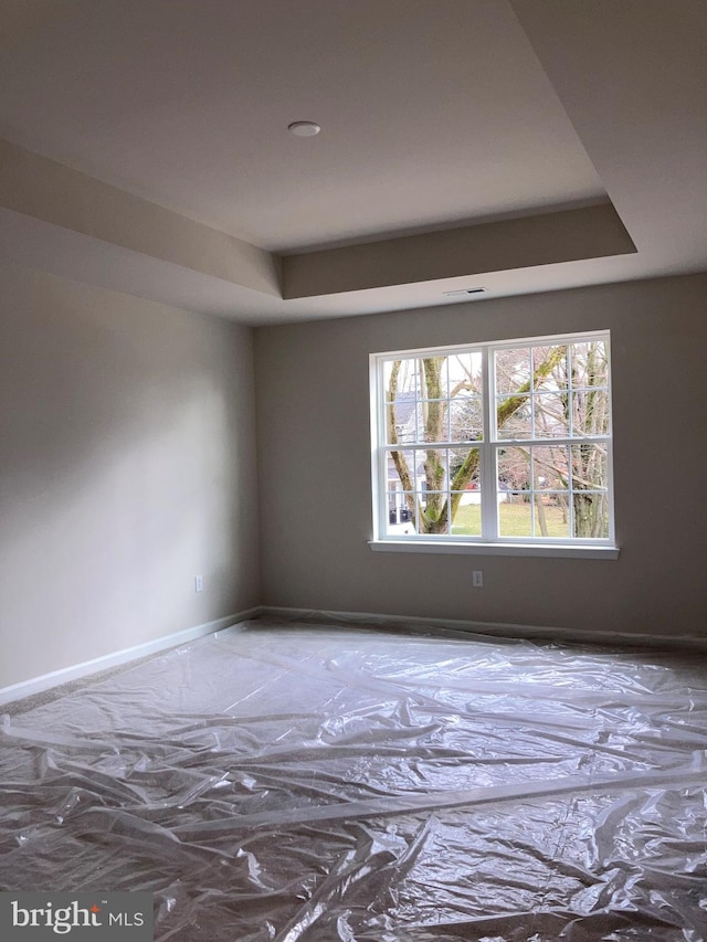 spare room featuring a raised ceiling and baseboards