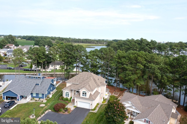 aerial view featuring a water view and a residential view