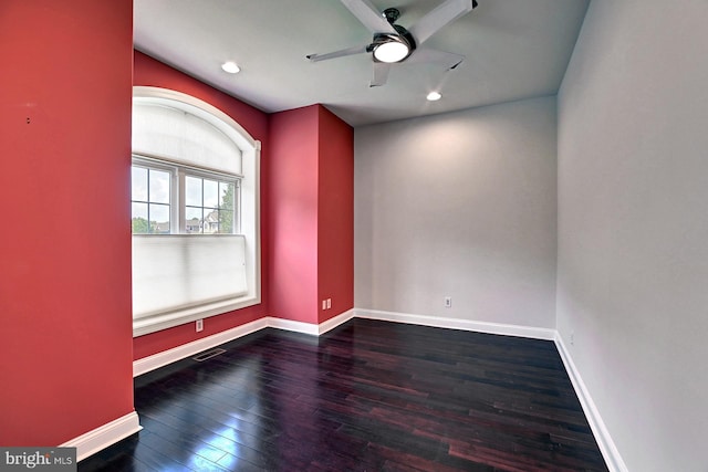 unfurnished room with recessed lighting, visible vents, ceiling fan, wood finished floors, and baseboards