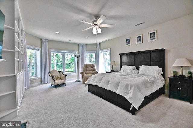 bedroom featuring visible vents, baseboards, ceiling fan, carpet, and recessed lighting