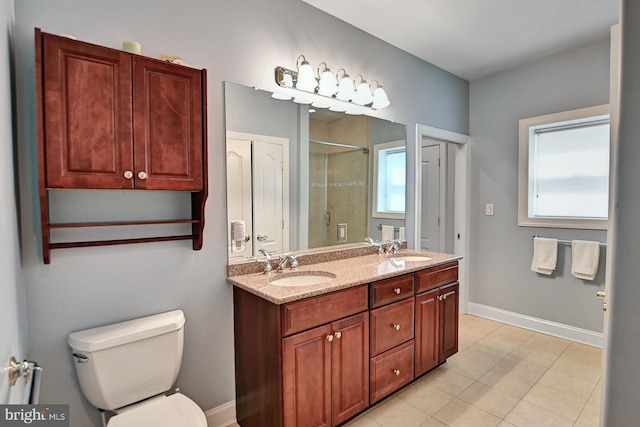 bathroom featuring a stall shower, plenty of natural light, a sink, and toilet