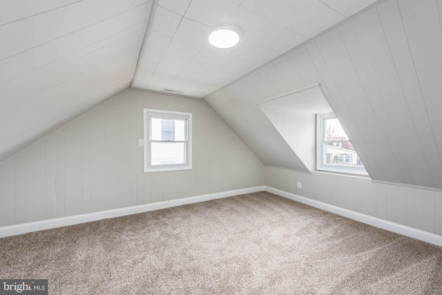 additional living space with lofted ceiling, carpet, and baseboards