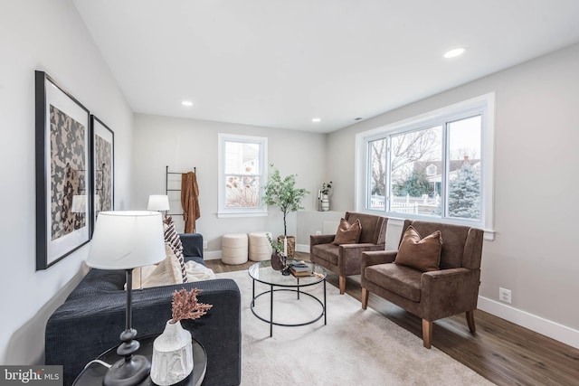 living area featuring recessed lighting, baseboards, and wood finished floors