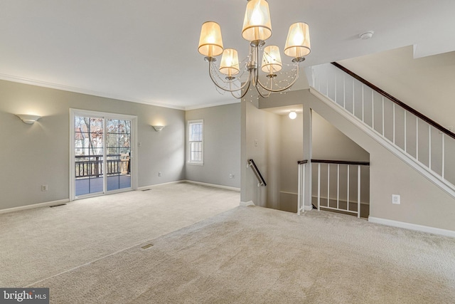 interior space with carpet floors, crown molding, baseboards, and a notable chandelier