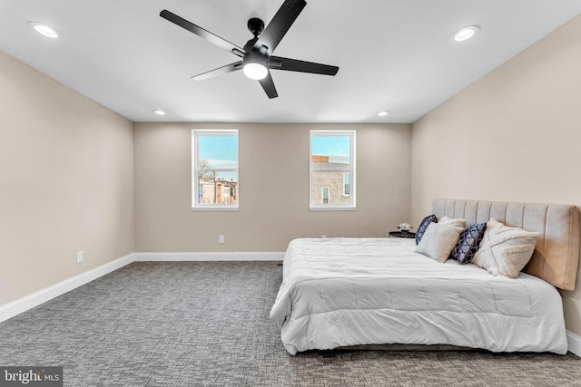 bedroom featuring recessed lighting, carpet flooring, and baseboards