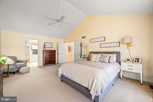 bedroom featuring carpet floors, high vaulted ceiling, baseboards, and visible vents