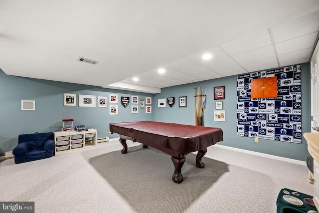 game room with baseboards, visible vents, baseboard heating, carpet floors, and recessed lighting