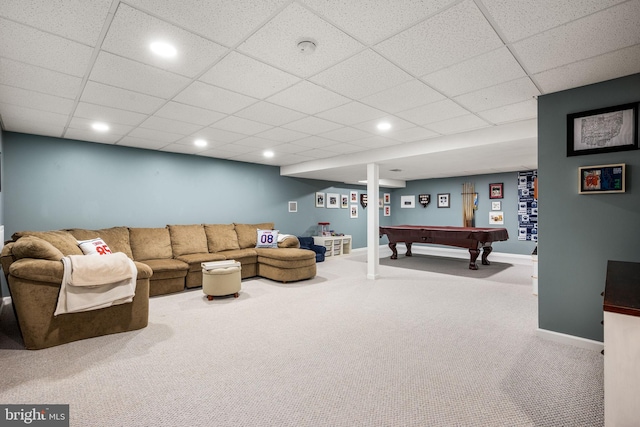 living room with carpet floors, recessed lighting, a drop ceiling, billiards, and baseboards