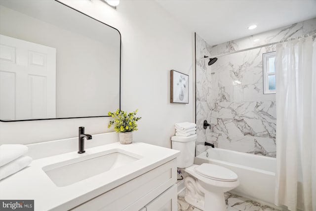 bathroom with toilet, shower / tub combo with curtain, marble finish floor, vanity, and recessed lighting