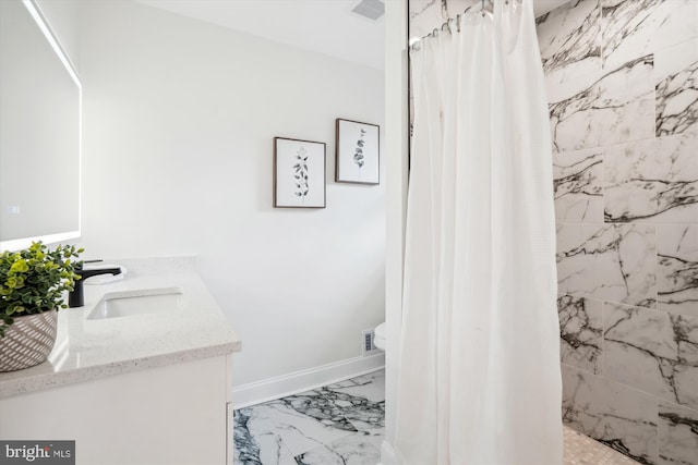 bathroom featuring toilet, visible vents, vanity, marble finish floor, and a shower with curtain