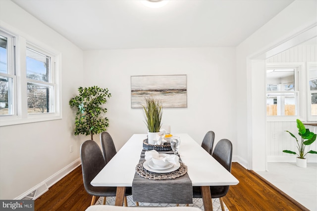 dining room with visible vents, baseboards, and wood finished floors