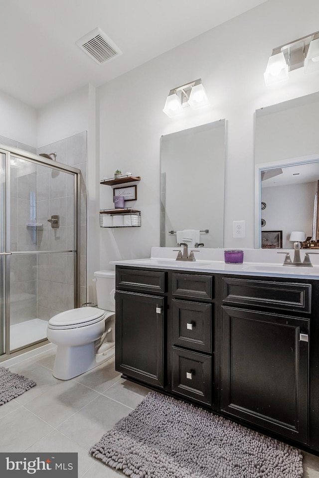 full bathroom with visible vents, toilet, a stall shower, vanity, and tile patterned floors