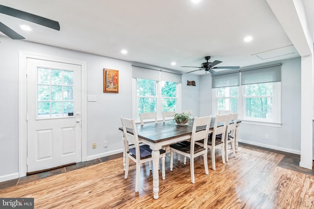 dining area featuring ceiling fan, baseboards, wood finished floors, and recessed lighting